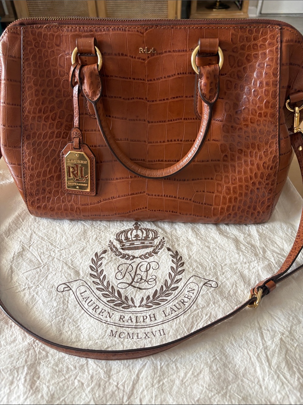 Lauren Ralph Lauren Croc-Embossed Cognac Satchel with Gold Accents
